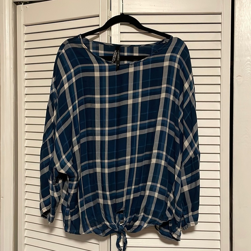 Liverpool Blue and White Plaid Tie-Hem Blouse